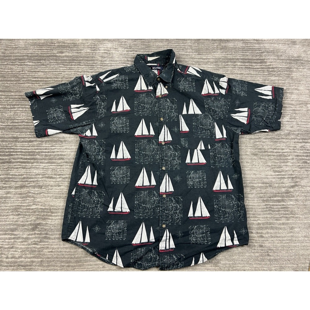 Puritan Shirt‎ Mens XL Black Sailboat 100% Cotton Short Sleeve Casual